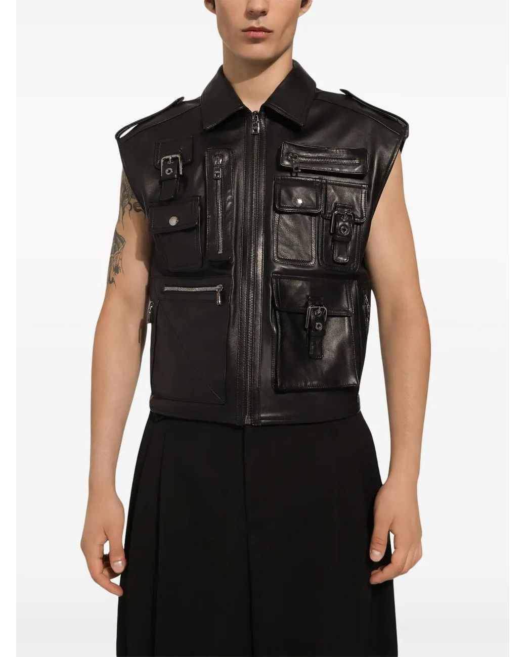 Dolce & Gabbana Black Bullhide Leather Cargo Gilet for men