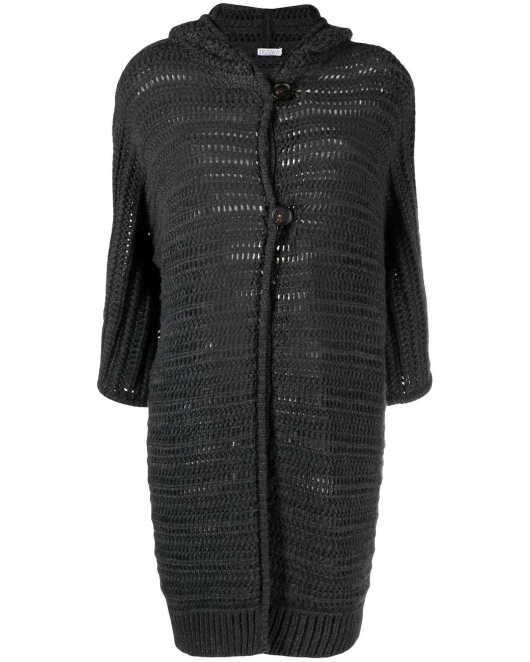 Brunello Cucinelli Black Hooded Midi Cardi-Coat