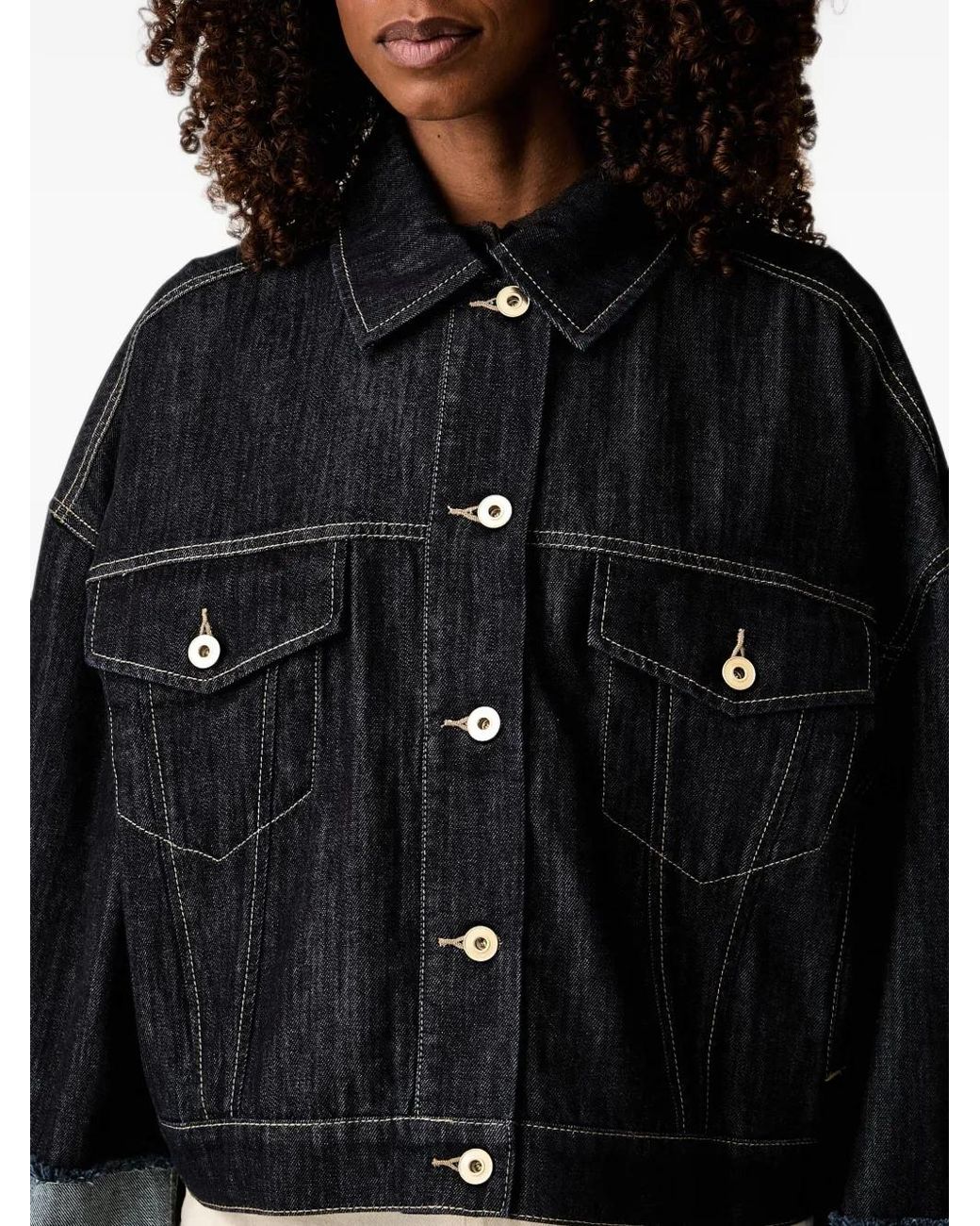 Twinset Black Contrast-Stitch Raw-Edge Denim Jacket