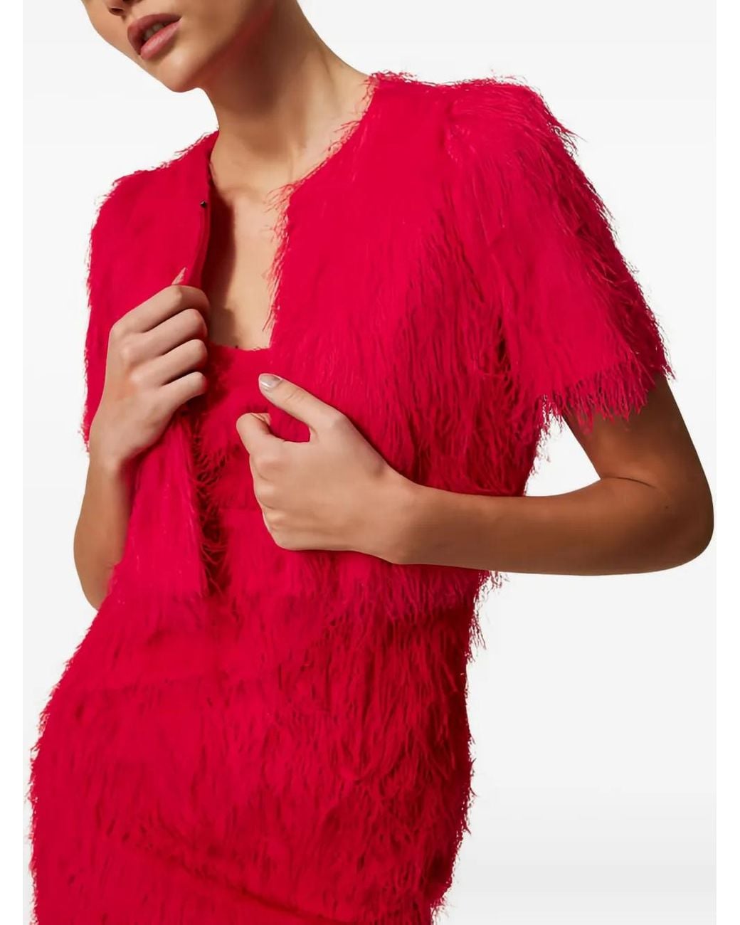 Twinset Red Feather-Effect Short-Sleeved Jacket