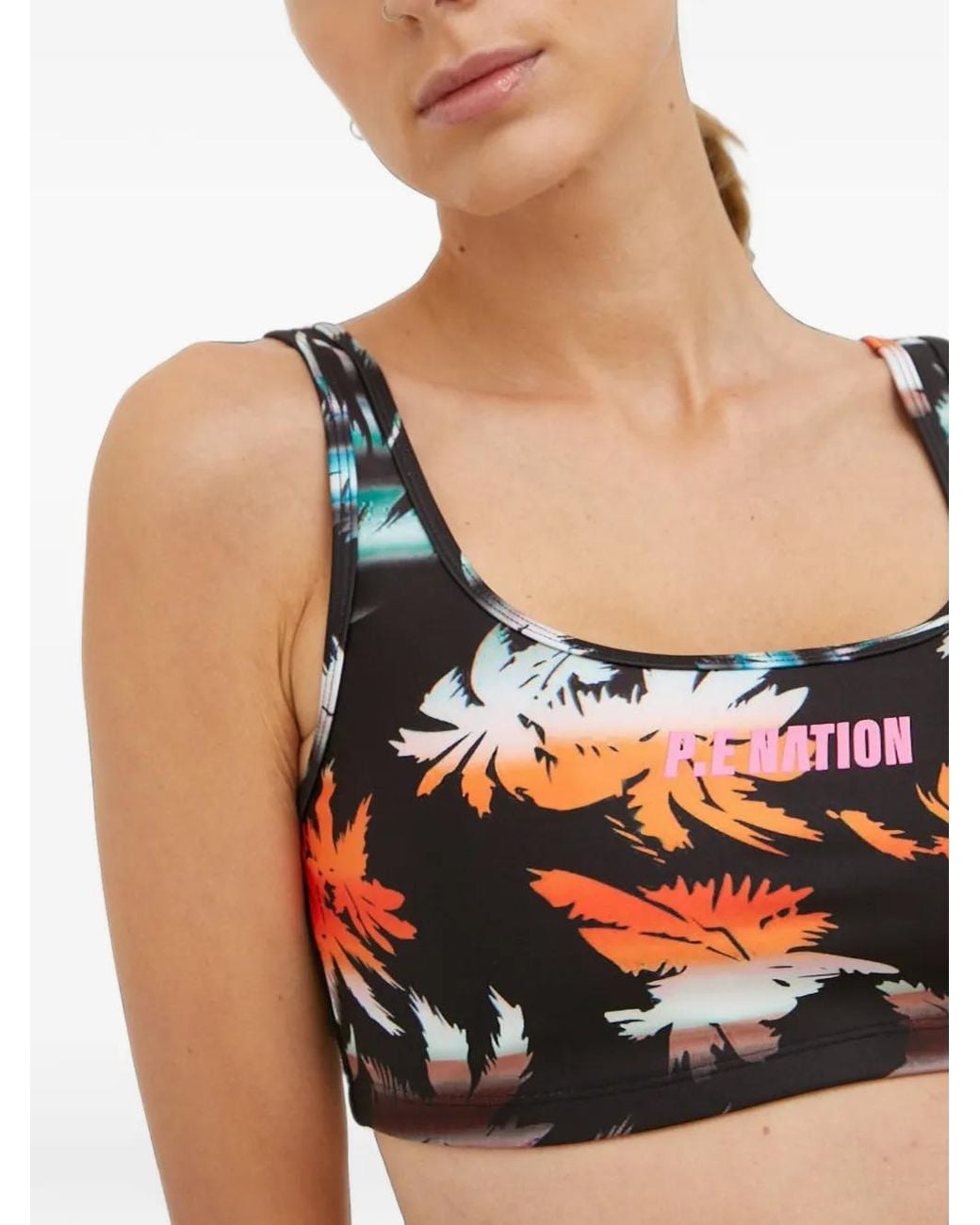 P.E Nation Black Oasis Palm-Print Cutout-Back Sports Bra