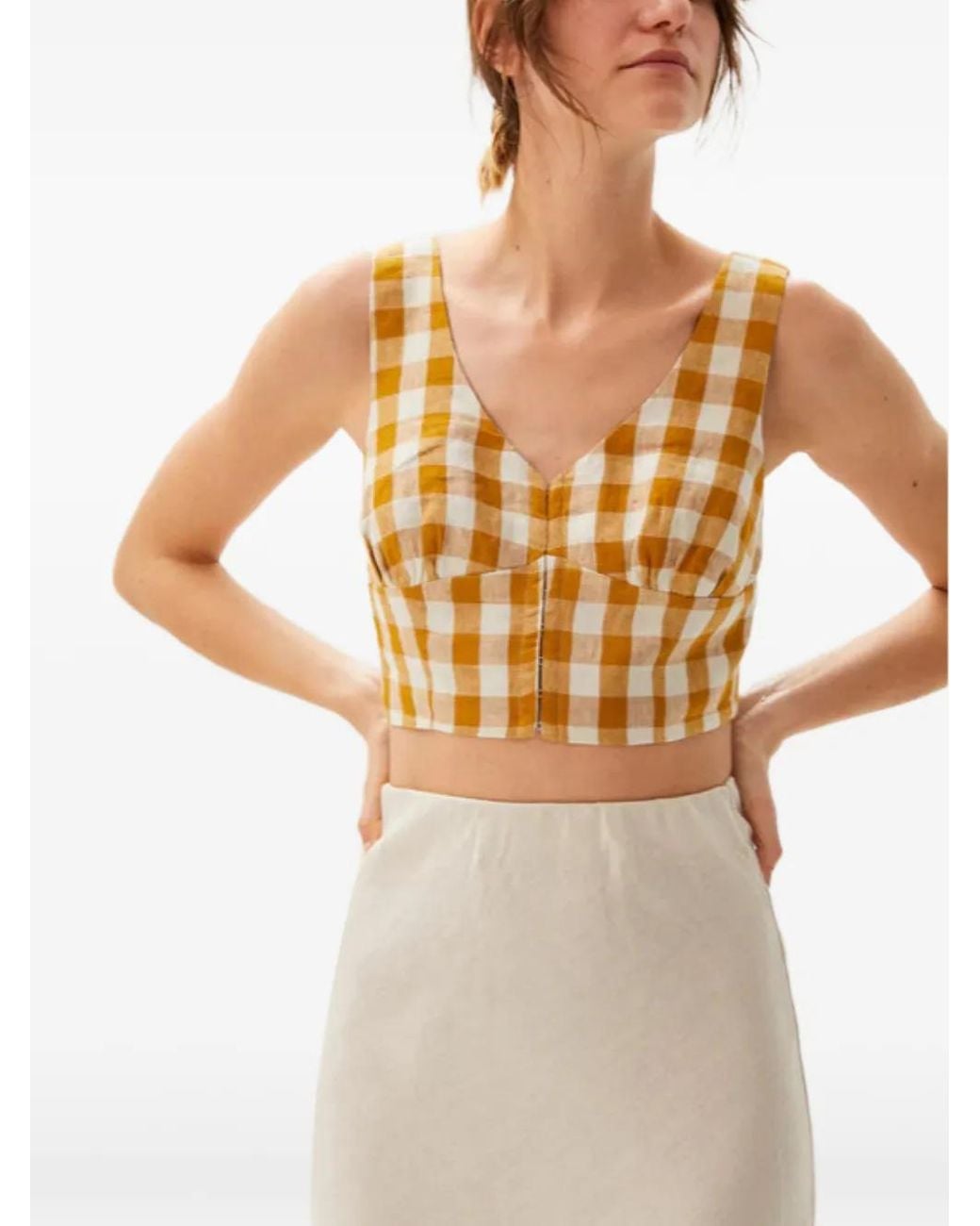 Casa Raki Yellow Bruna Gingham Linen Top