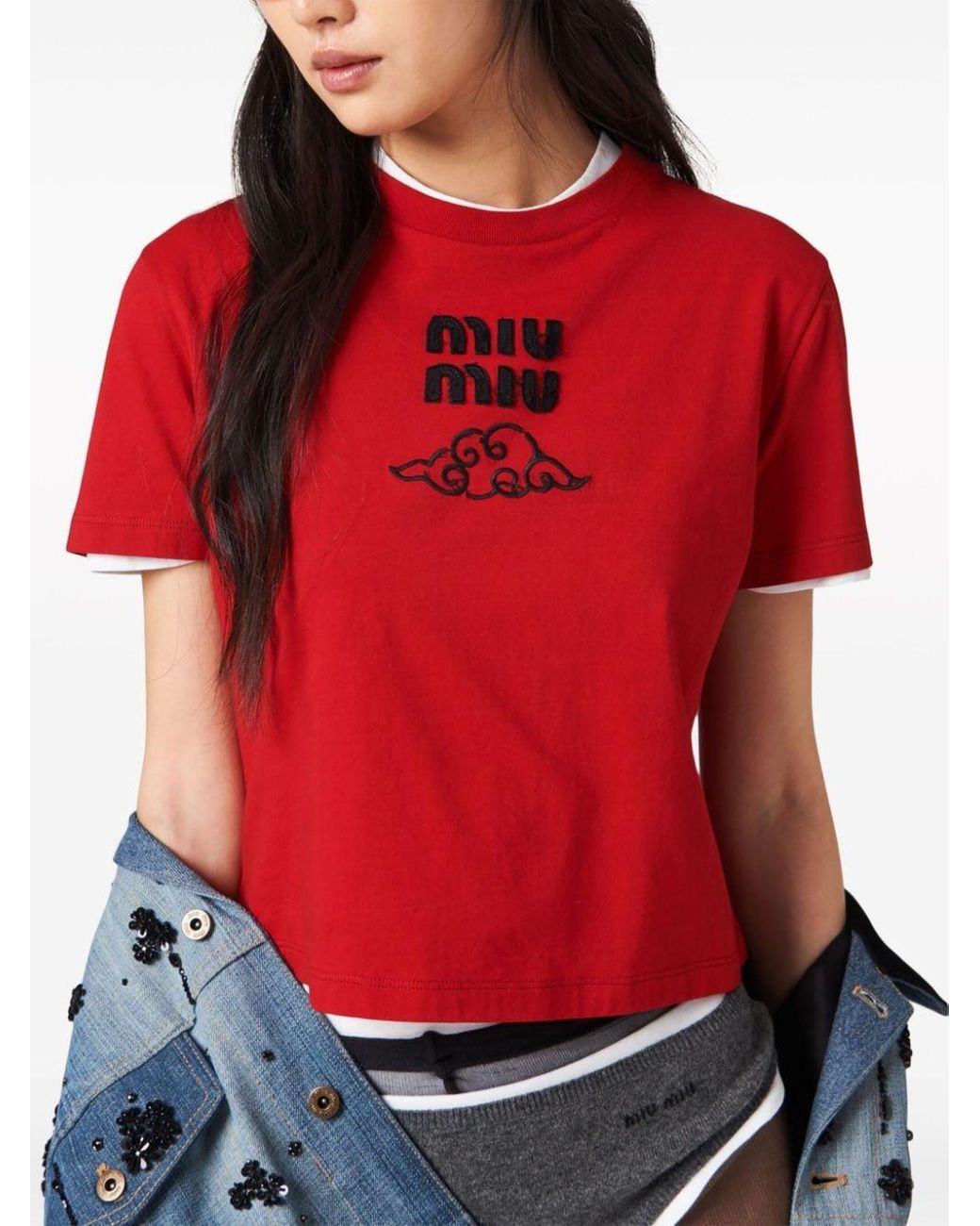 【MIU MIU】Embroidered logo cotton short sleeve T-shirt Miu Miu embroidered-logo Cotton T-shirt | White | FARFETCH GE