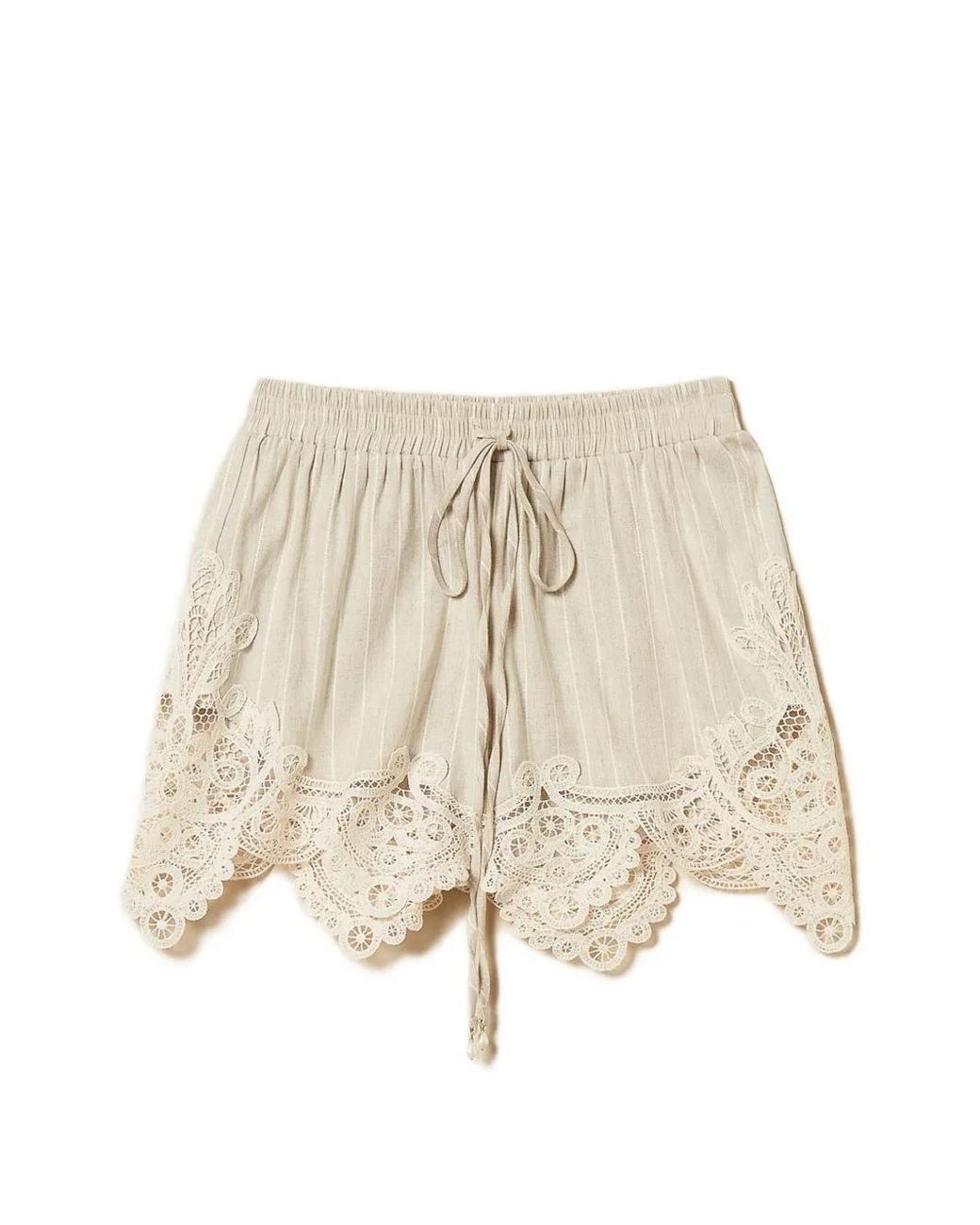 Twinset Natural Linen Blend Jacquard Shorts With Lace