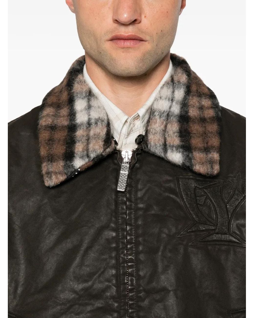 PDF Black Check-Collar Logo-Embossed Jacket for men