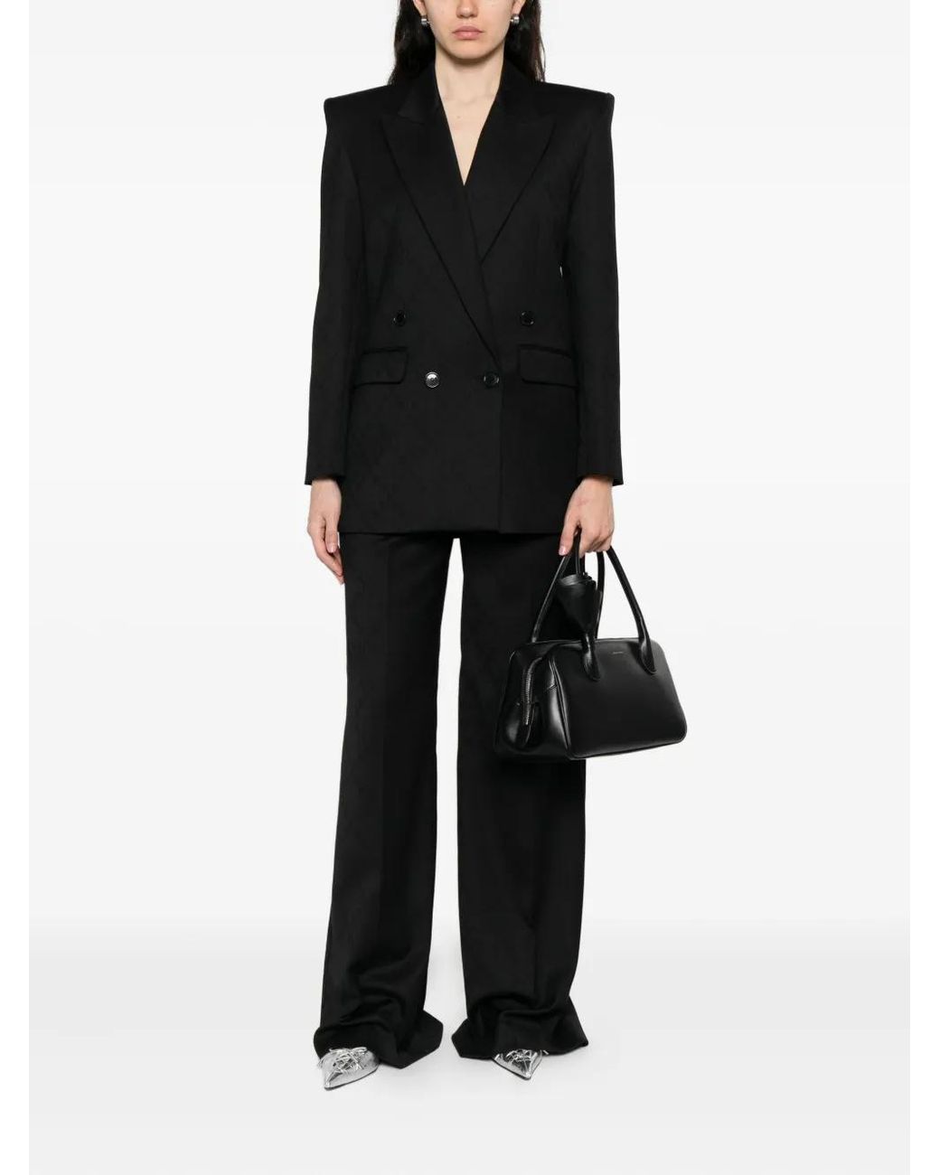 Nissa Black Pressed-Pleat Geometric-Pattern Trousers