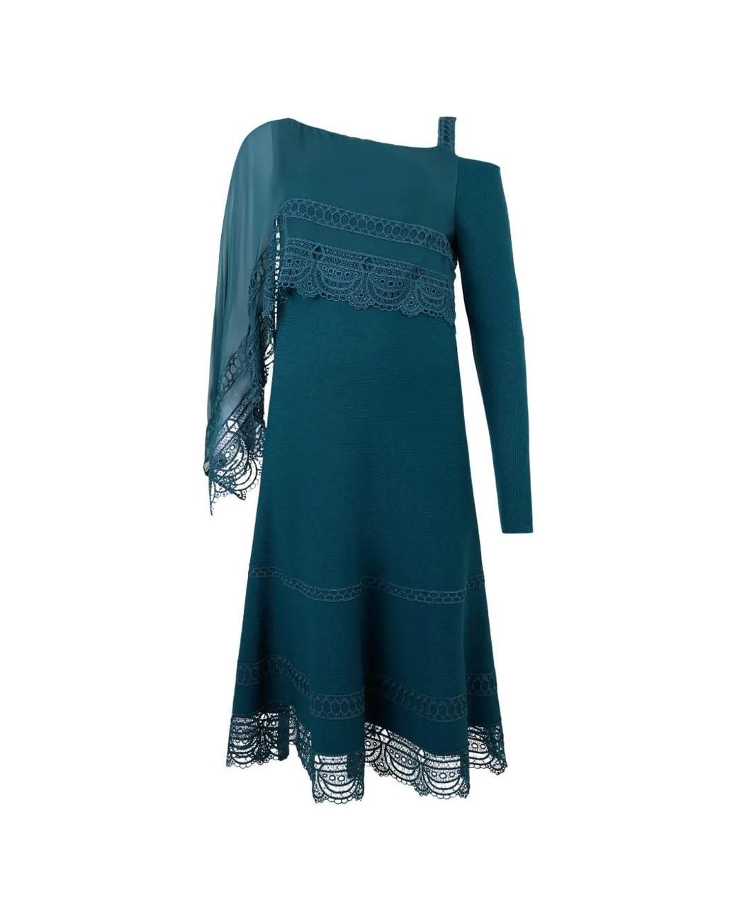 Alberta Ferretti Blue Asymmetrical Lace-Trim A-Line Mid-Length Dress