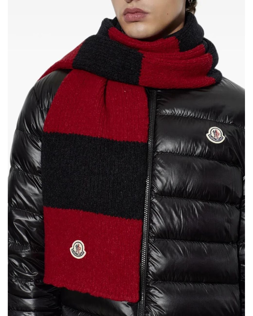 Moncler Red Logo-Patch Chunky-Knit Scarf for men