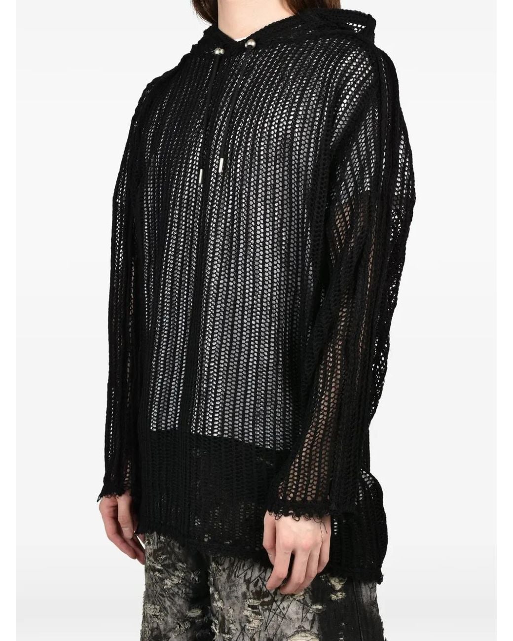 THUG CLUB Black Mesh-Knit Distressed Hoodie for men