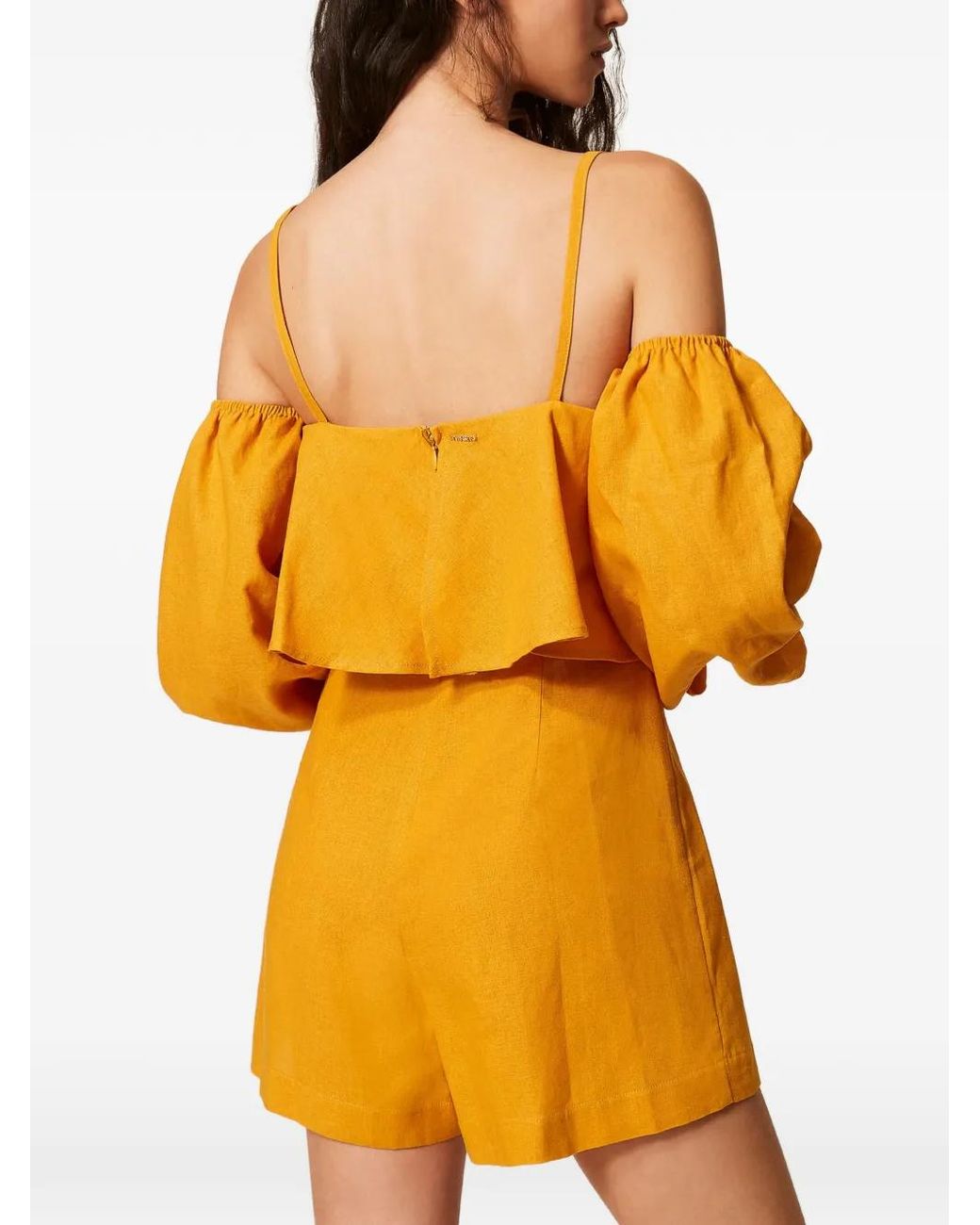 Twinset Orange Linen Blend Short Jumpsuit With Lace