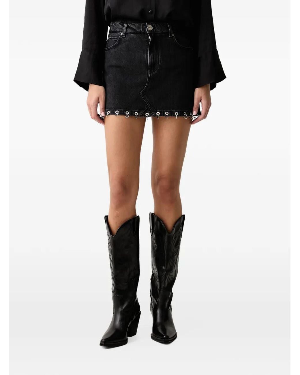 Pinko Black Pierced-Hem Denim Mini Skirt