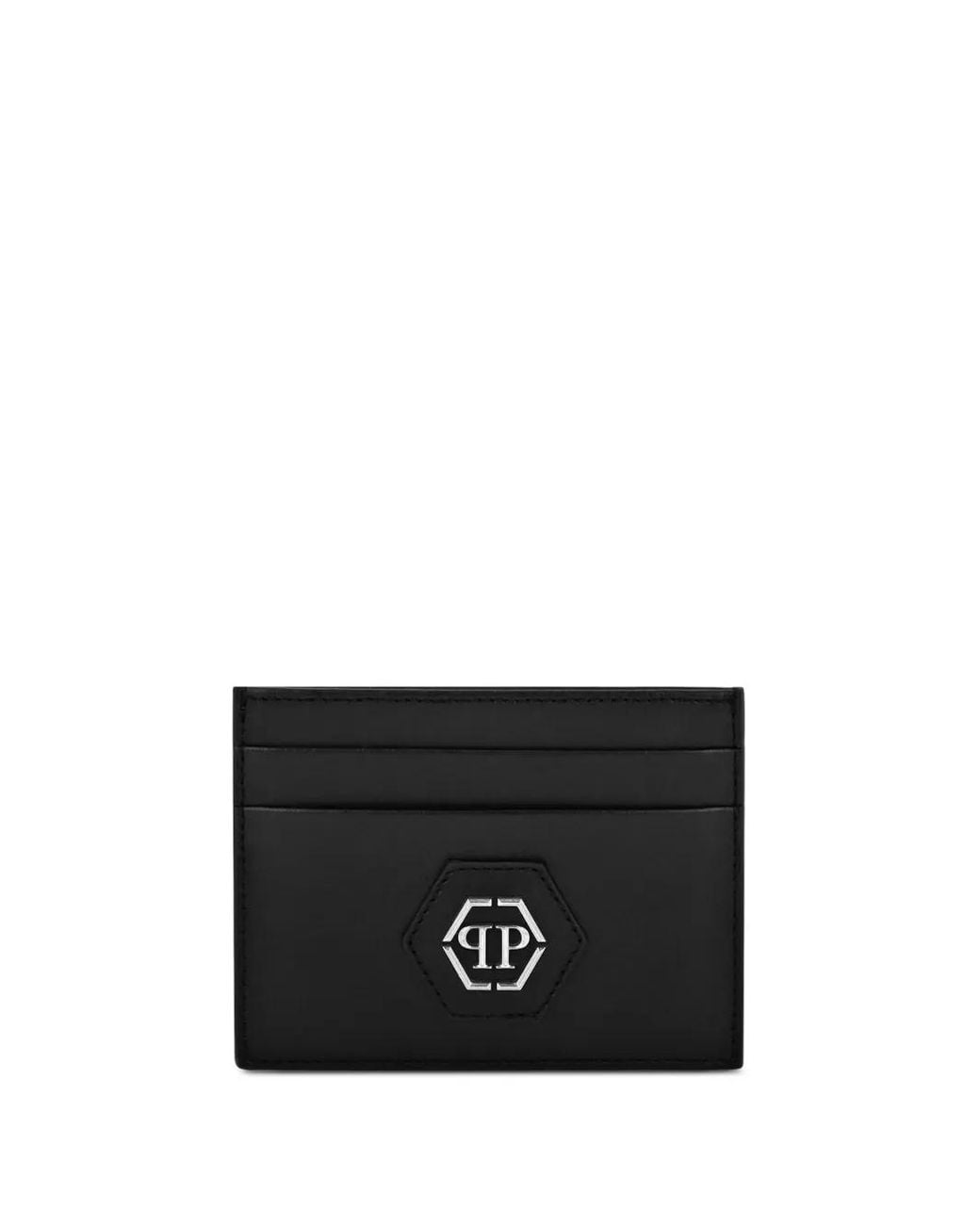 Philipp Plein Black Leather Card Holder Hexagon for men