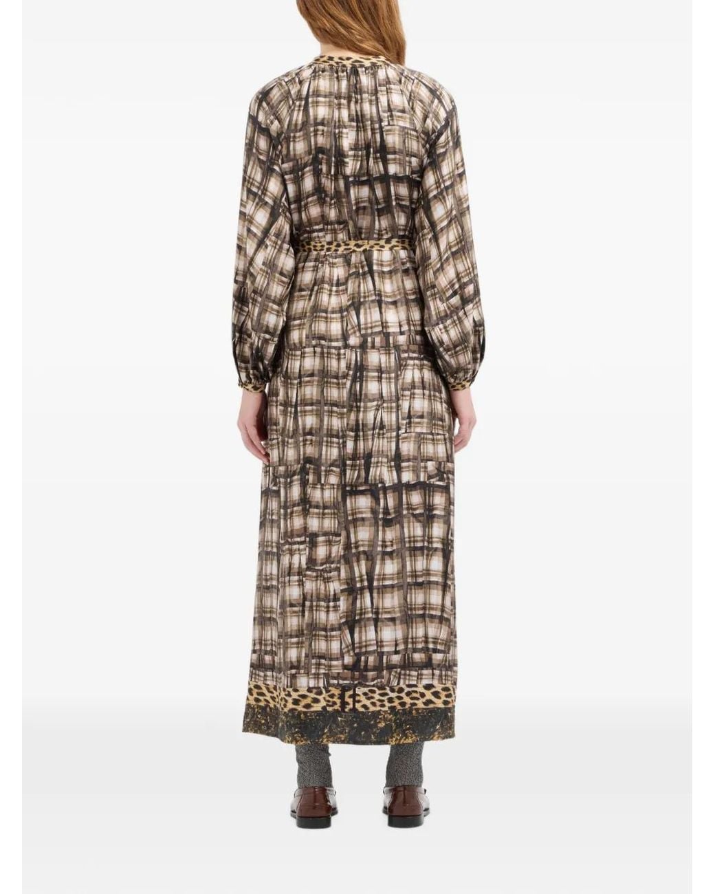 Pierre Louis Mascia White Aloe Leopard-Print Plaid-Pattern Maxi Shirt Dress