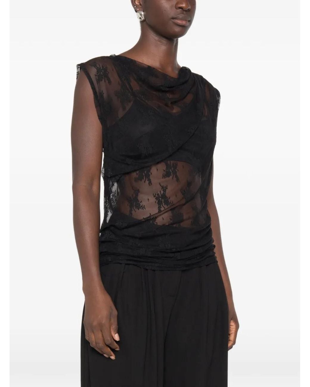 Imperial Black Draped Lace Blouse