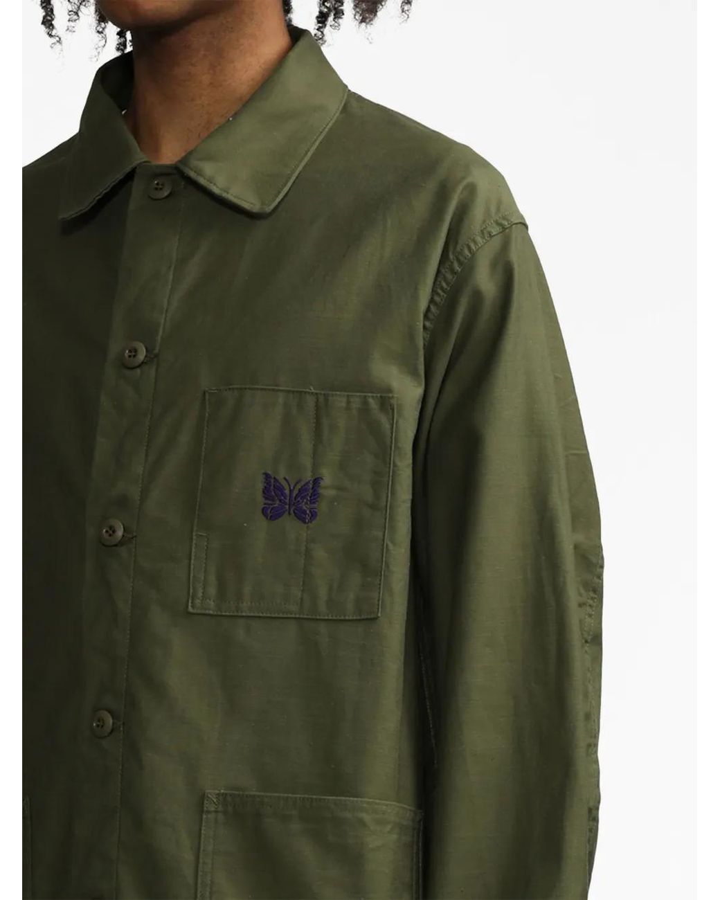 Needles Green Lightweight Cotton Jacket With Button-Up Front for men