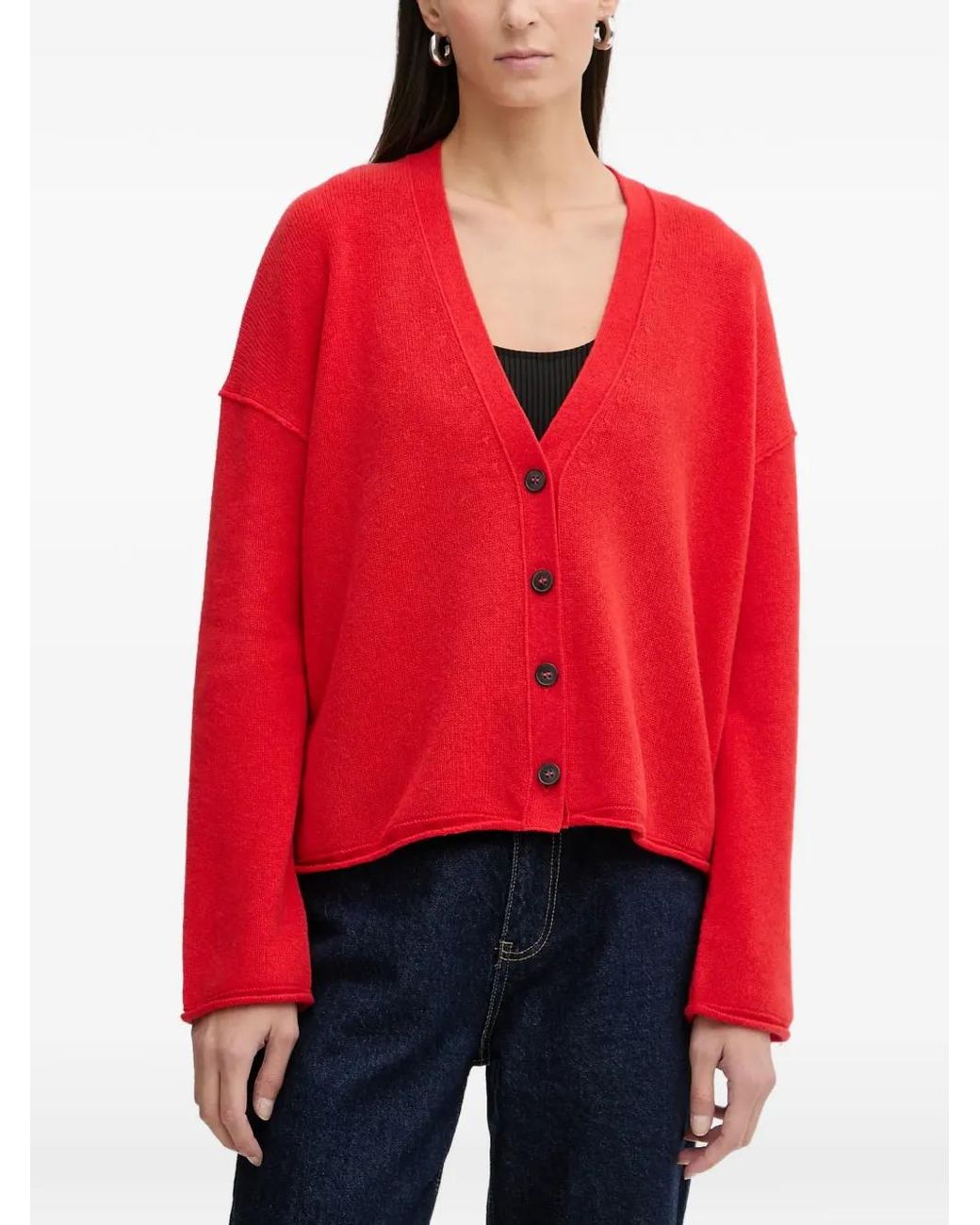 Marc O' Polo Red Buttoned V-Neck Knitwear