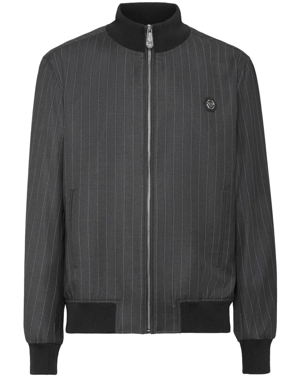 Philipp Plein Black Wool Pinstripe Bomber Ls Jacket for men