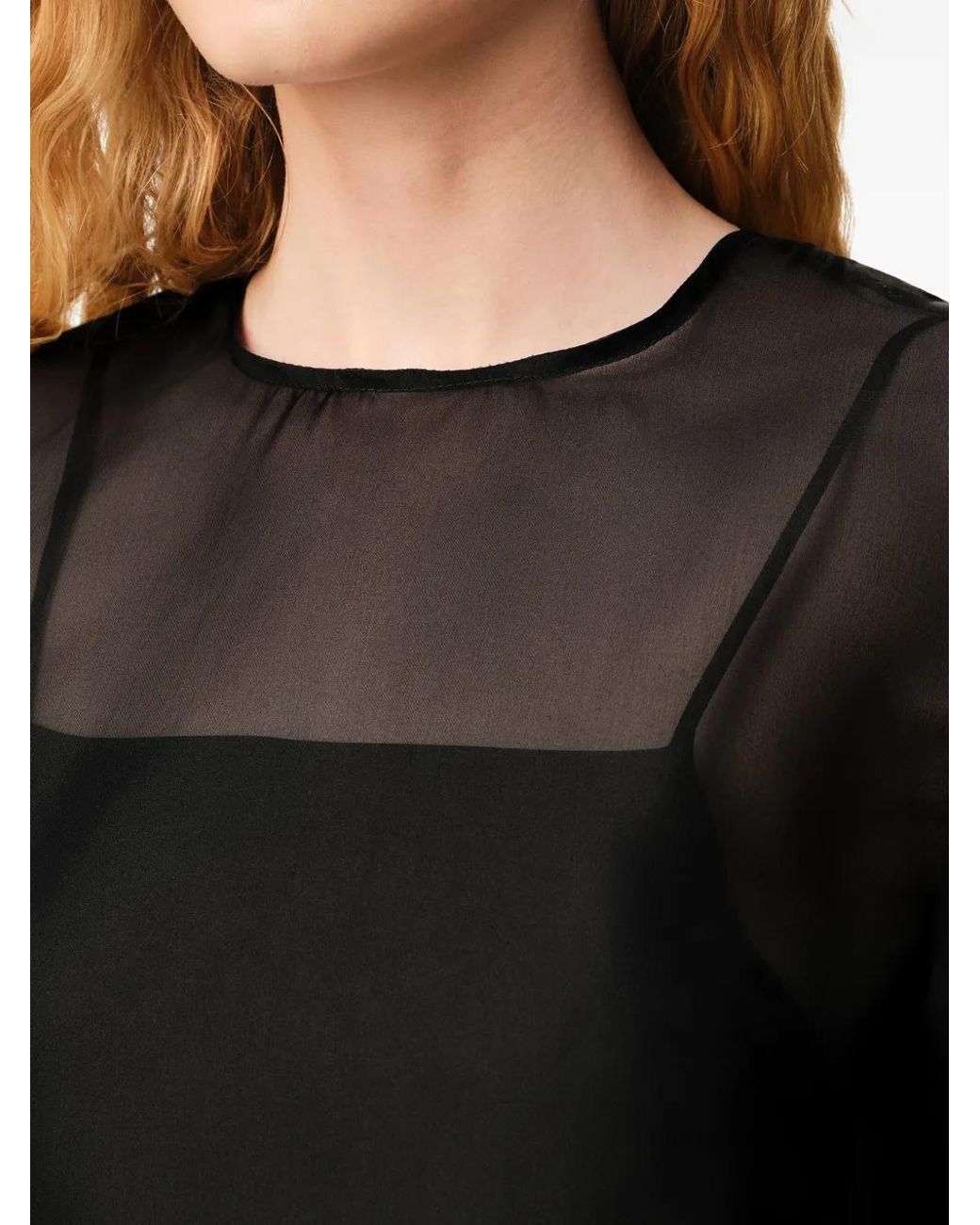 AMI Black Silk Short Sleeves Sheer With Undertop Top
