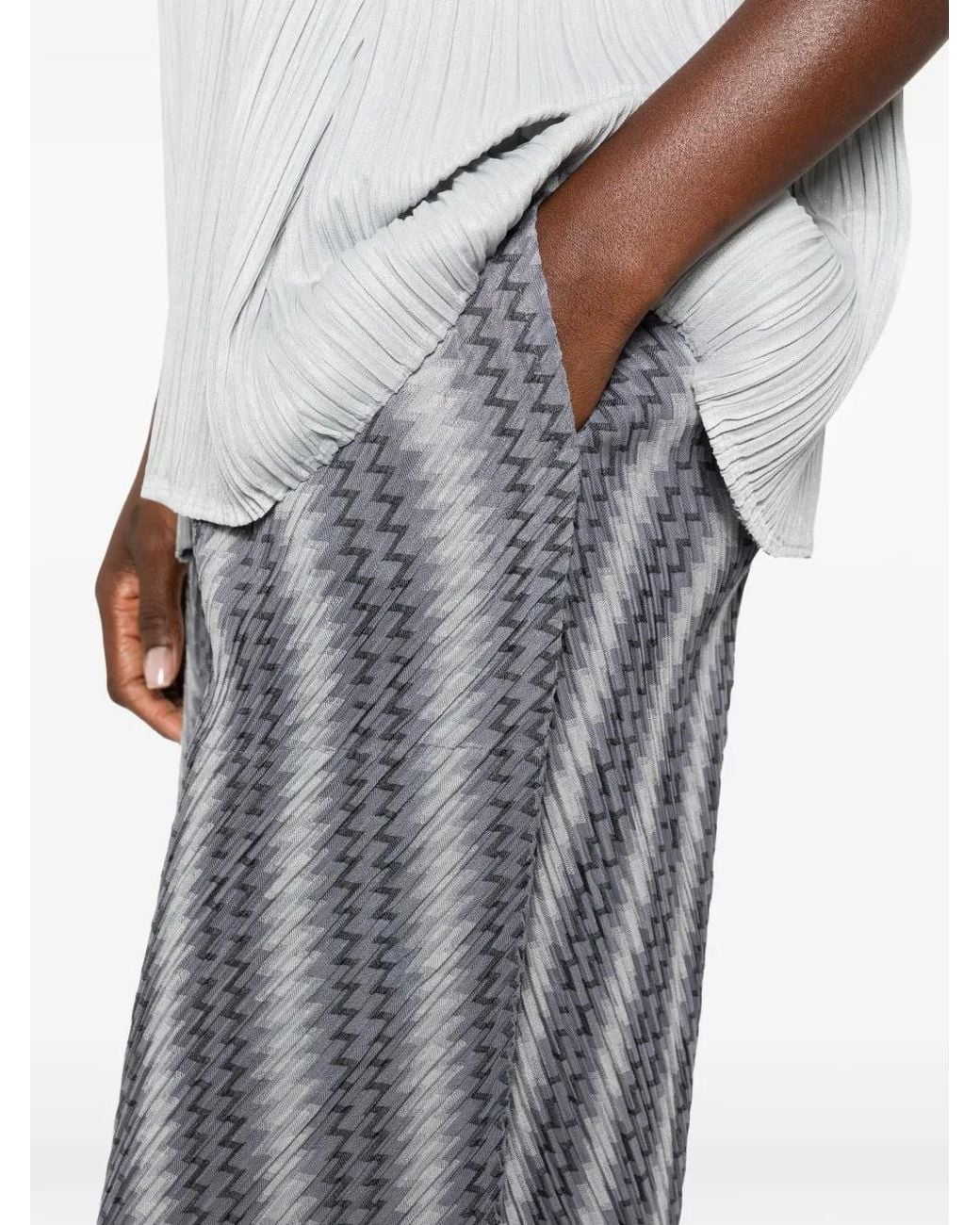 Pleats Please Issey Miyake Gray Zig Zag-Print Pleated Cropped Trousers