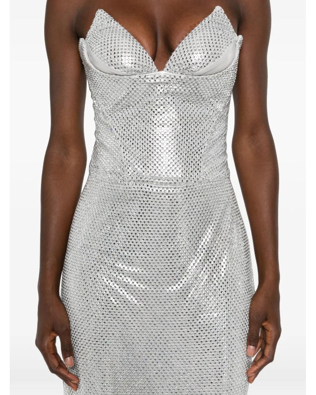 MITILIANE COUTURE White Crystal-Embellished Mesh Maxi Dress