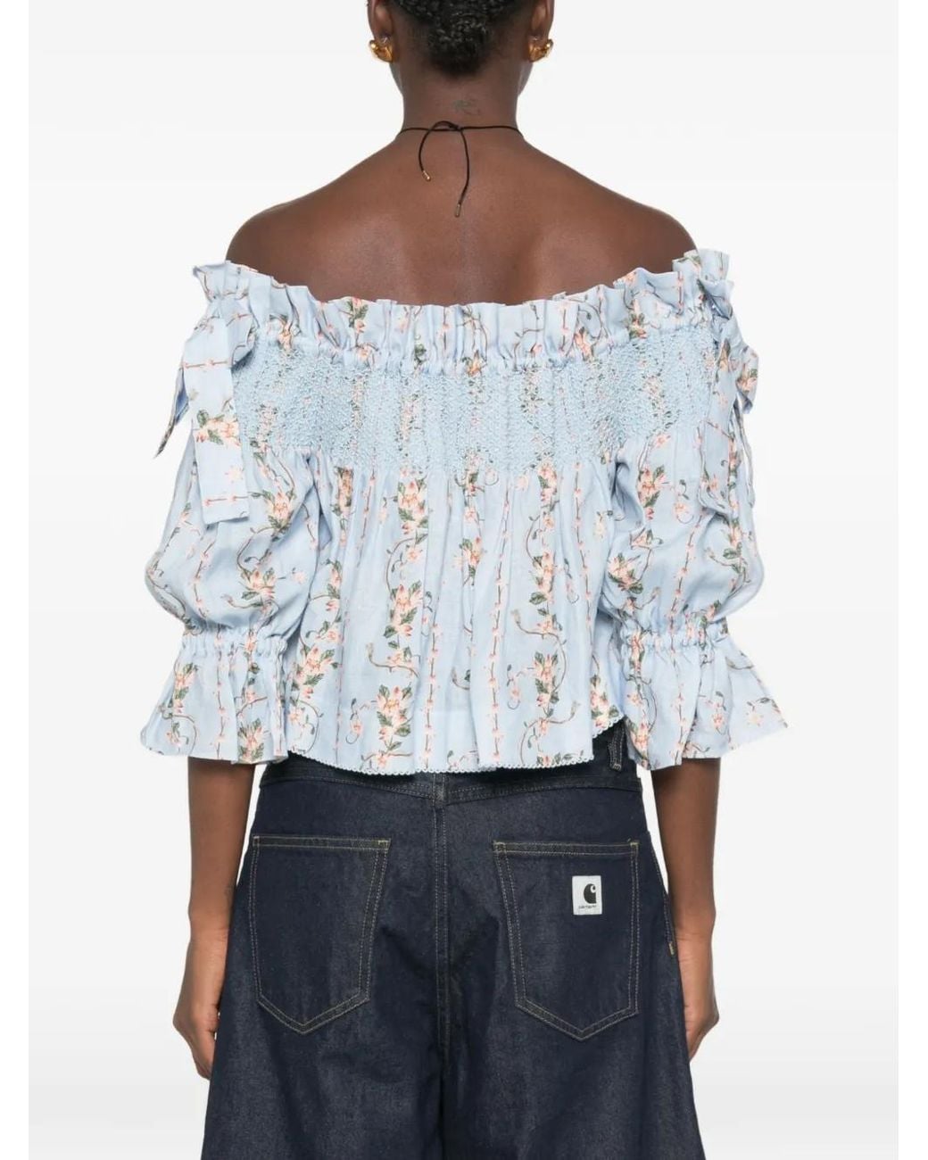 Agua Bendita Blue Isla Navegante Floral-Print Ruffled Top