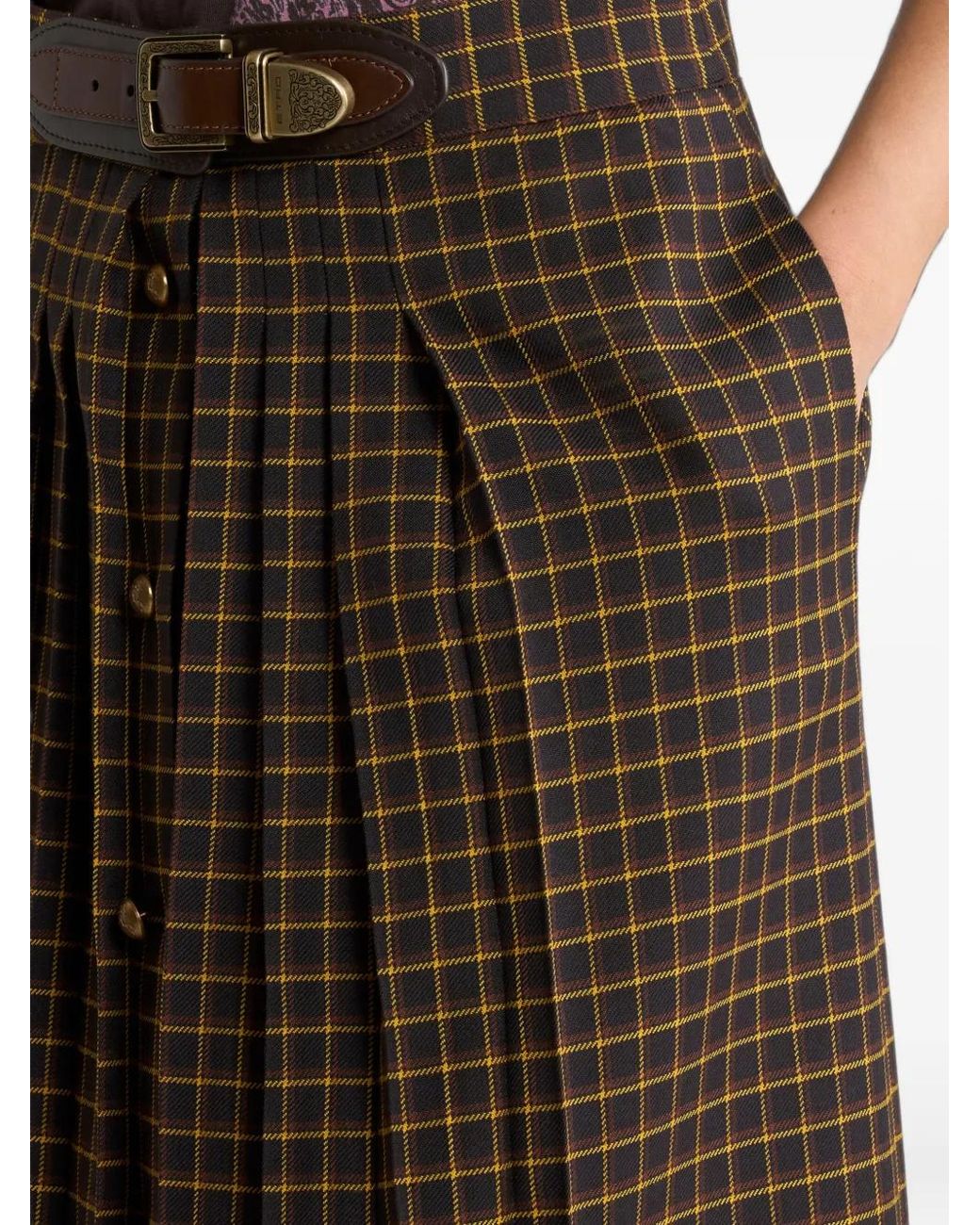 Etro Brown Wool Maxi Skirt With Pleating And Check Motif
