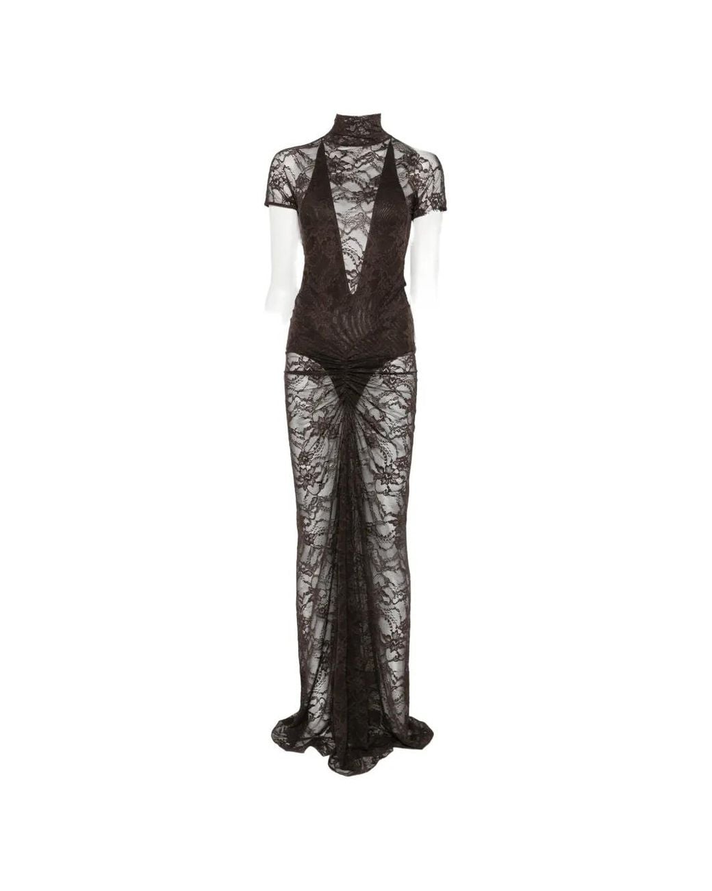 ANDAMANE Brown Palma Lace Ruched Gown Maxi Dress