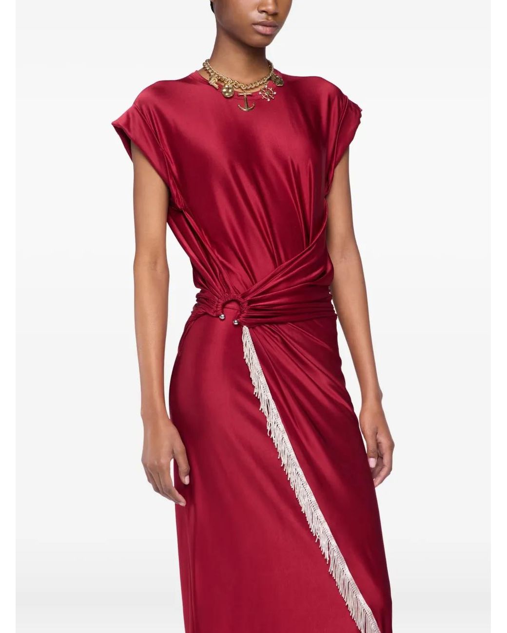 Rabanne Red Asymmetric Fringed Draped Satin-Jersey Dress