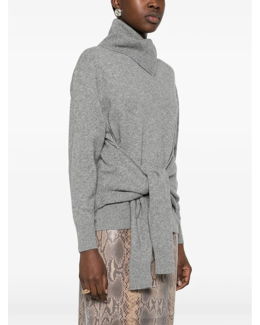 Lanvin Gray Knotted-Sleeve Button-Neck Sweater