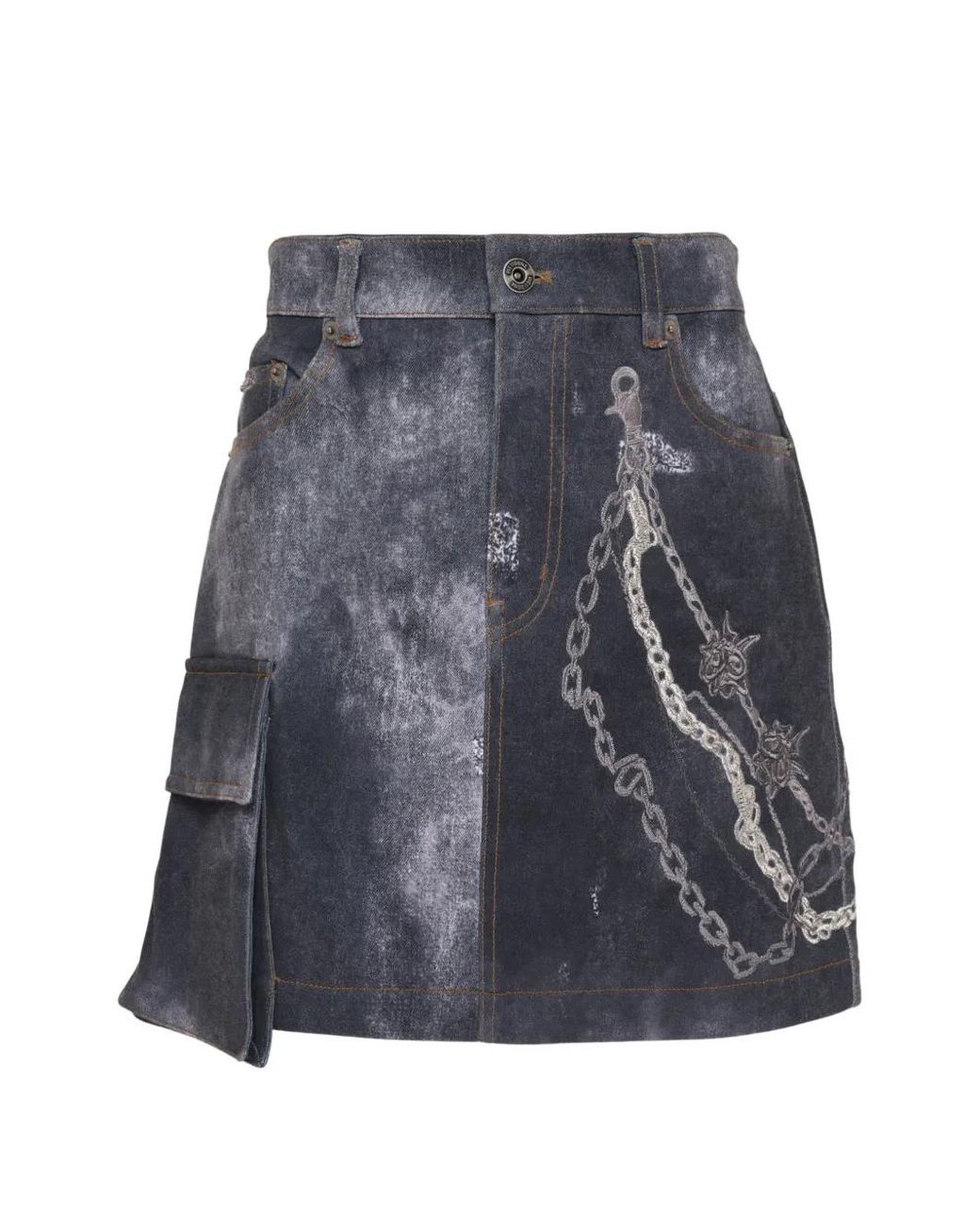 we11done Gray Acid-Wash Chain-Print Mini Skirt