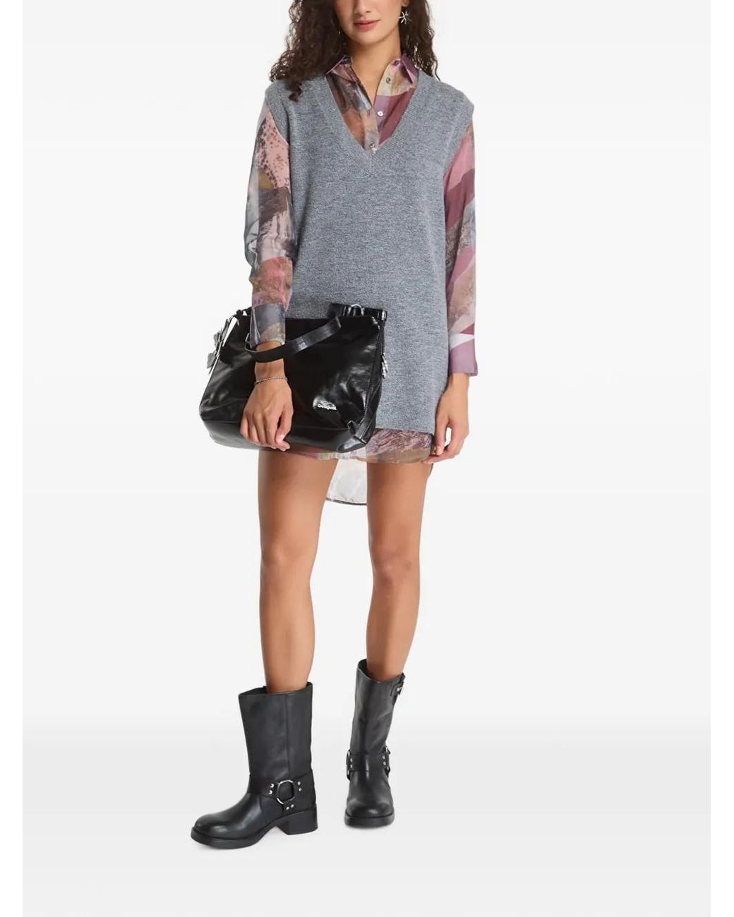 Desigual Gray Robe Courte À Effet Superposé Et Col V