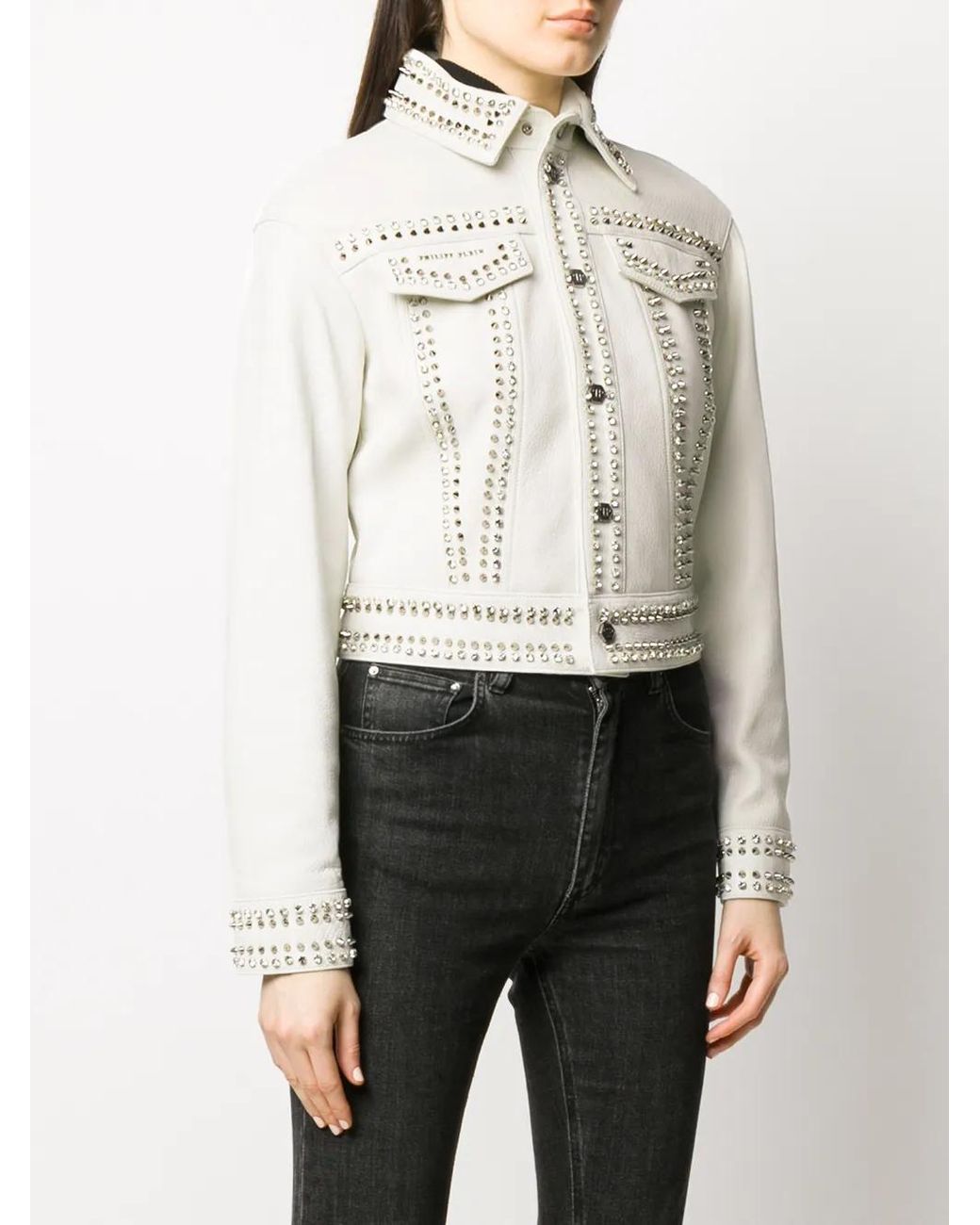Philipp Plein White Skull Stud Leather Jacket