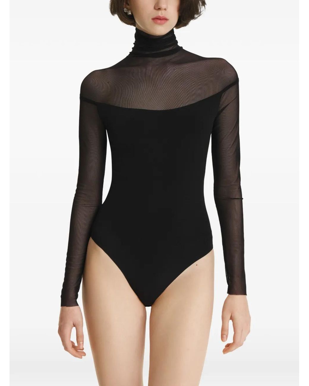 2310 STUDIO Black Mesh-Panel Long-Sleeve Bodysuit