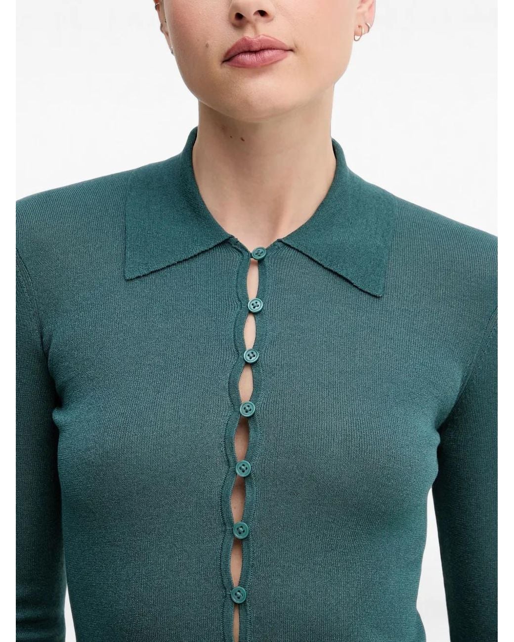Sisley Green Cardigan Boutonné À Bords Festonnés