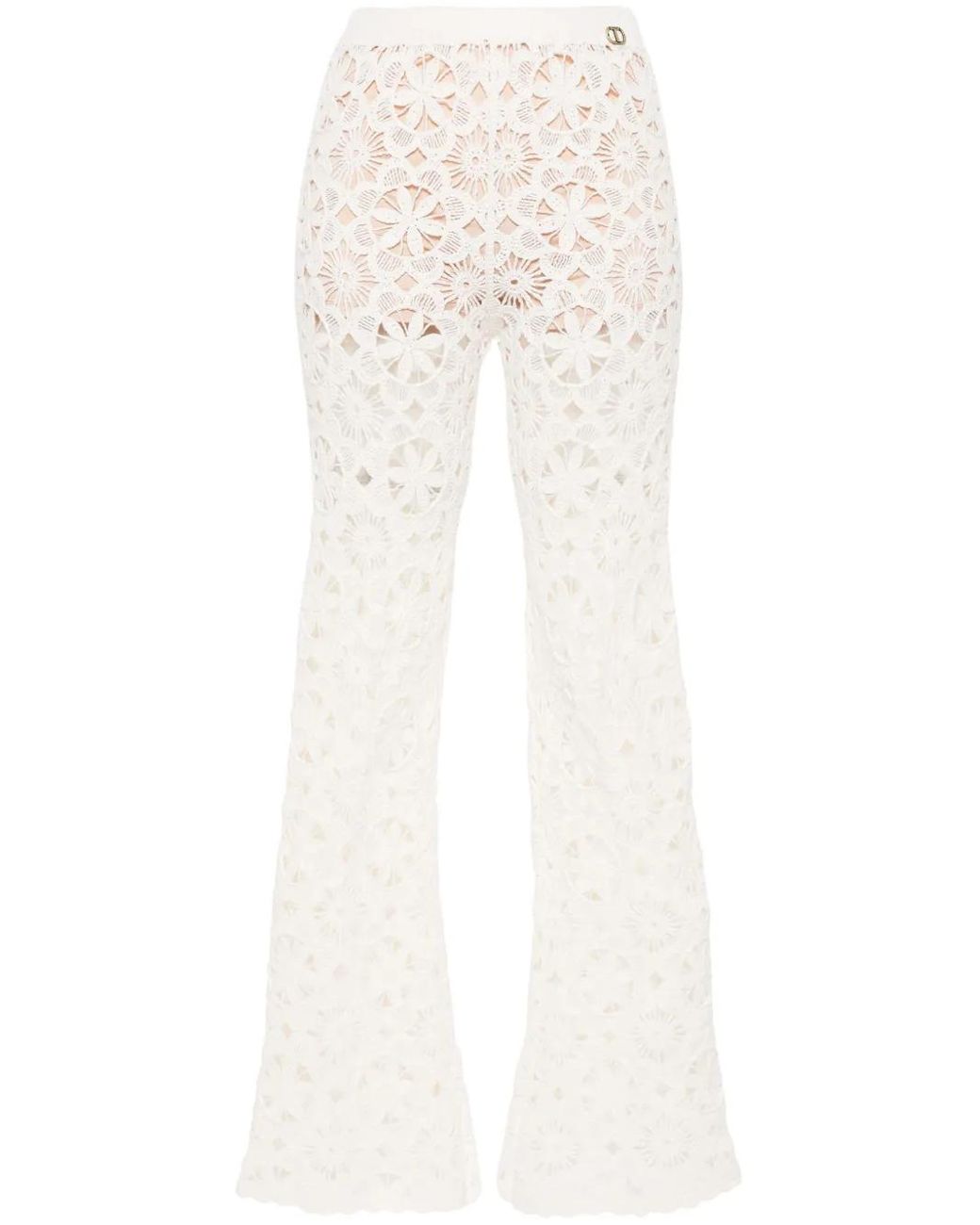 Twinset White Floral-Crochet Flared Trousers