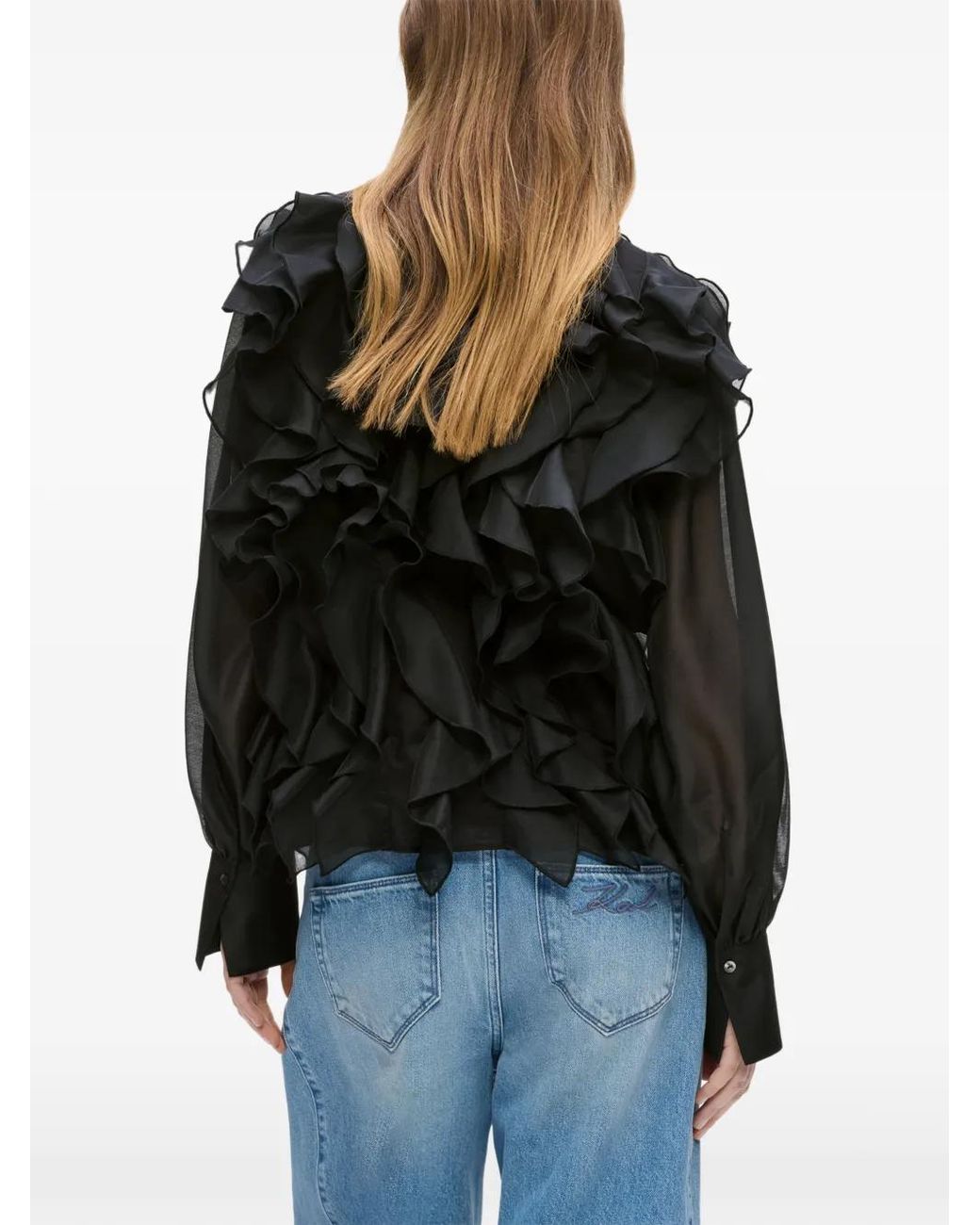 Karl Lagerfeld Black Ruffled Semi-Sheer Blouse