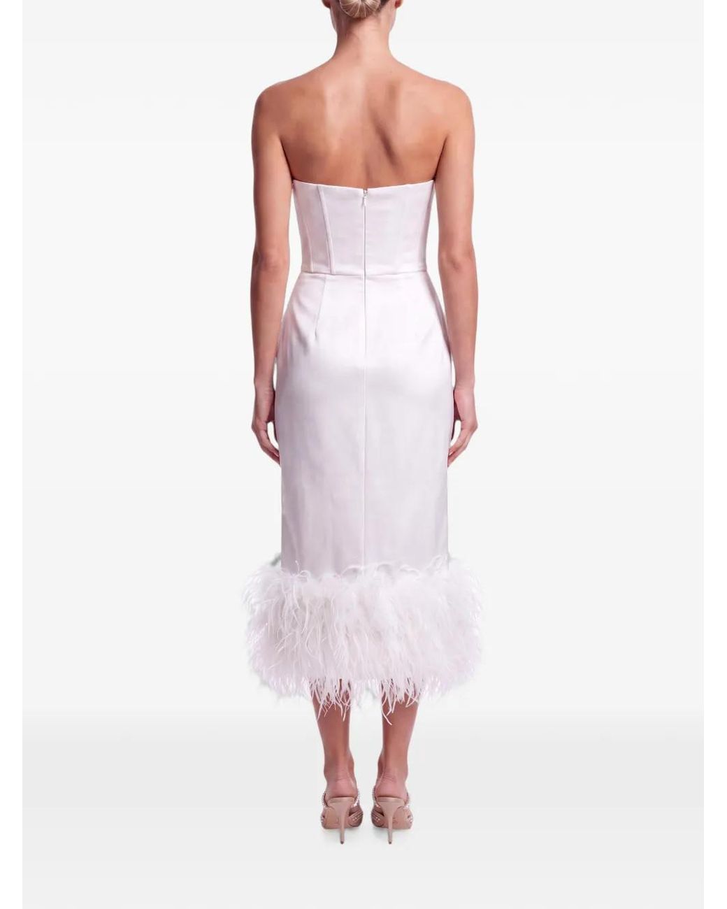 POST MERIDIEM White Feather-Trim Satin Midi Dress