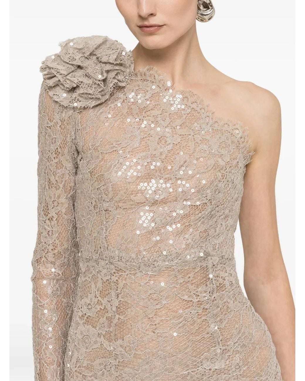 Nissa Natural Sequin-Detail Lace Midi Dress