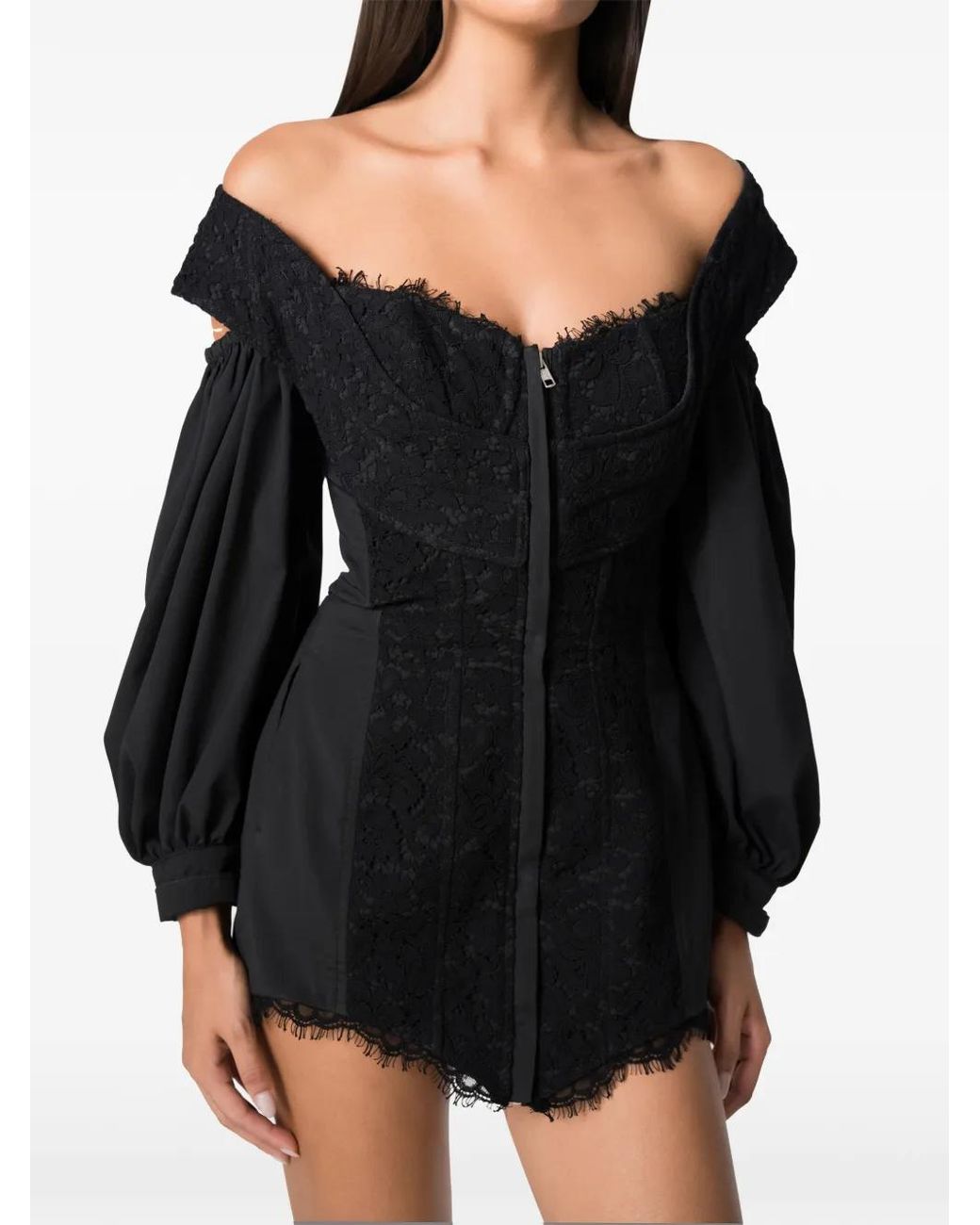NORINA ST Black Aida Lace-Panelled Off-Shoulder Mini Dress