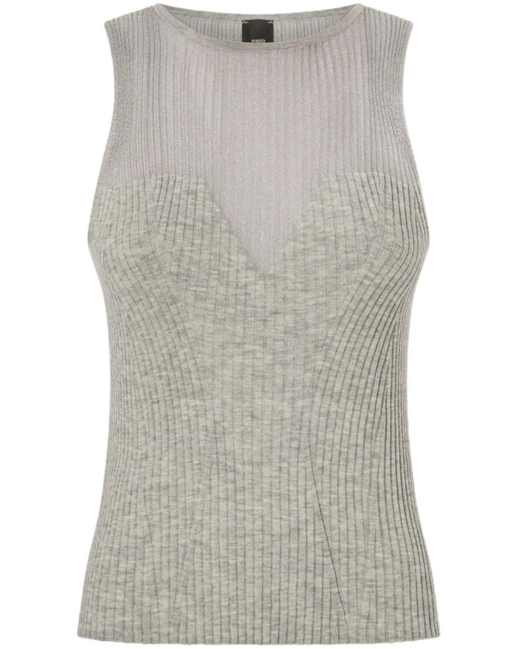 Pinko Gray Fitted Ribbed Wool-Silk Tank Top