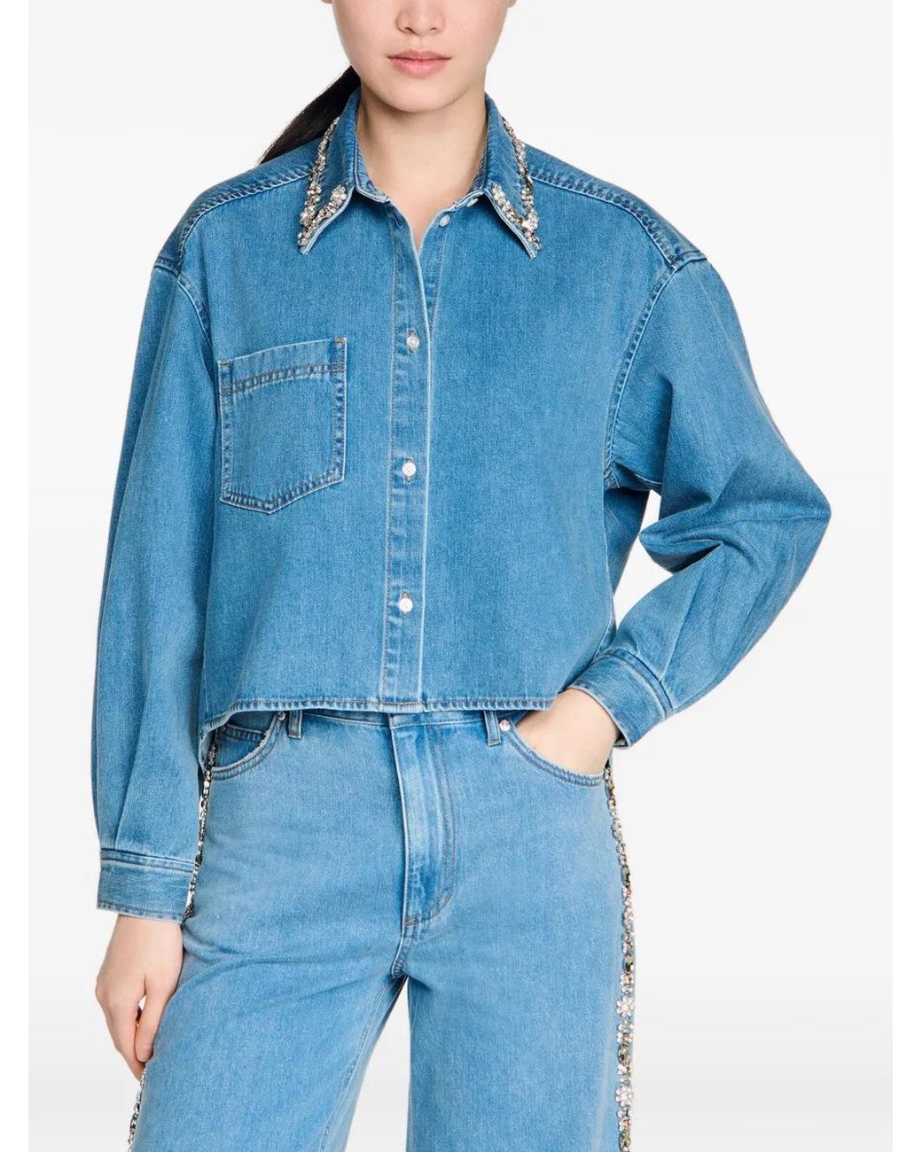 Sandro Blue Denim Shirt With Rhinestones