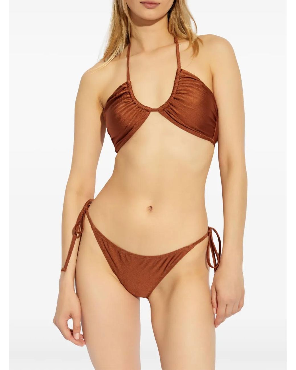Ganni Brown Metallic-Threading Bikini Top
