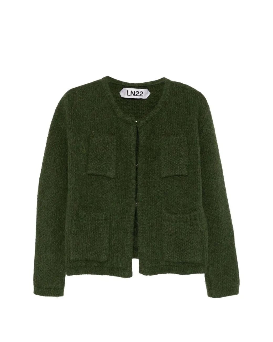 LN22 Green Patch-Pocket Knitted Cardigan