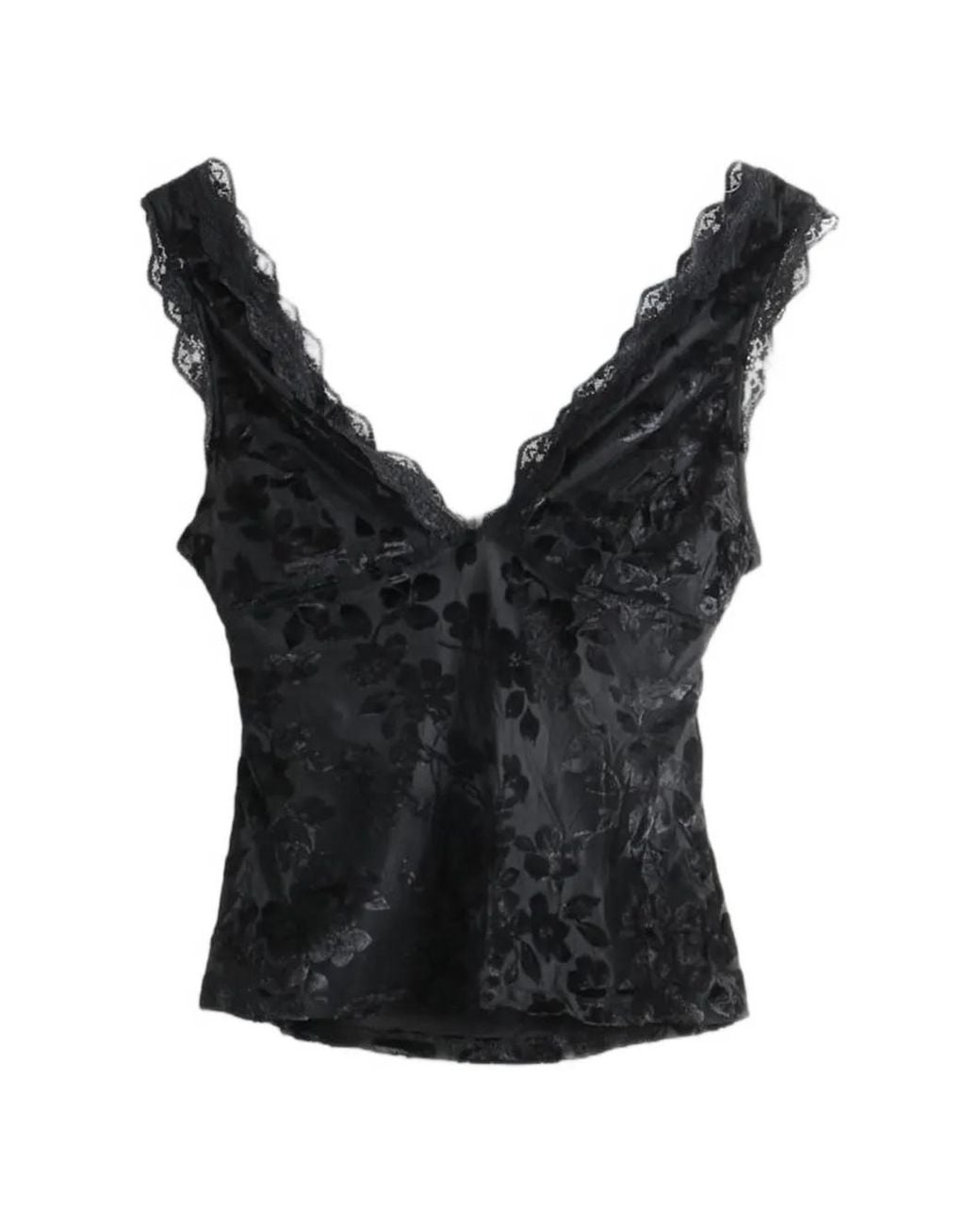 Free People Black Floral-Devoré Lace-Trim Top