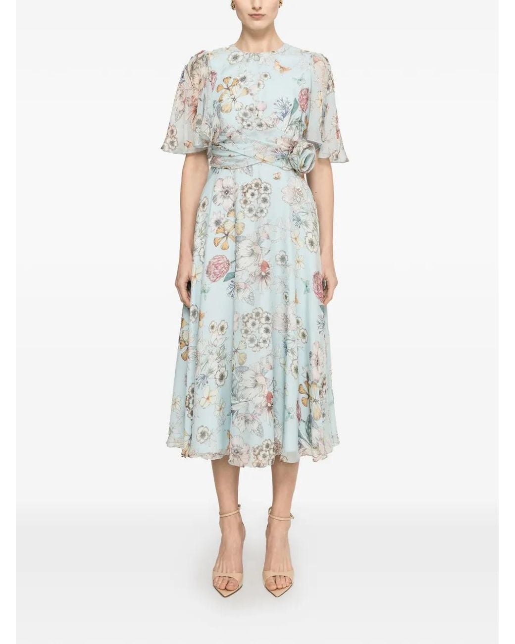 Nissa White Floral-Detail Silk Midi Dress