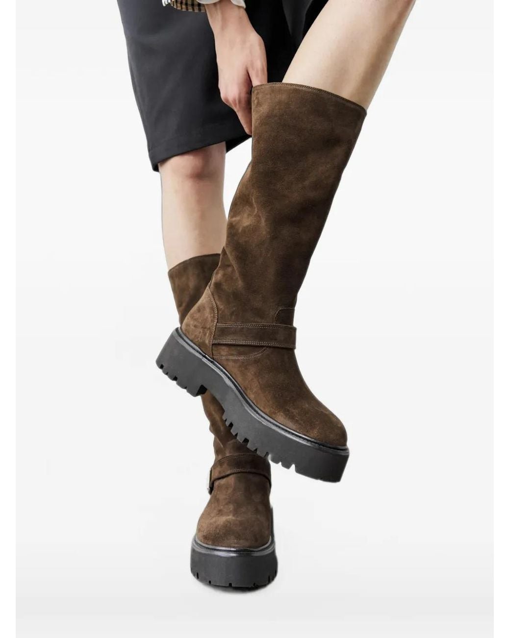 COPENHAGEN Brown Chunky Biker Buckle-Strap Chunky-Sole Boots