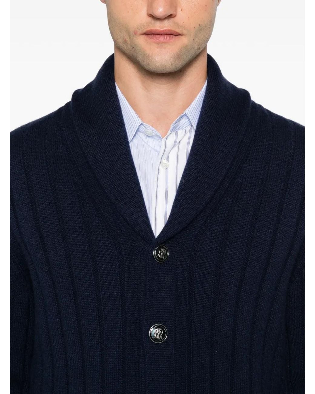 Brunello Cucinelli Blue Ribbed-Knit Shawl-Collar Cardigan for men
