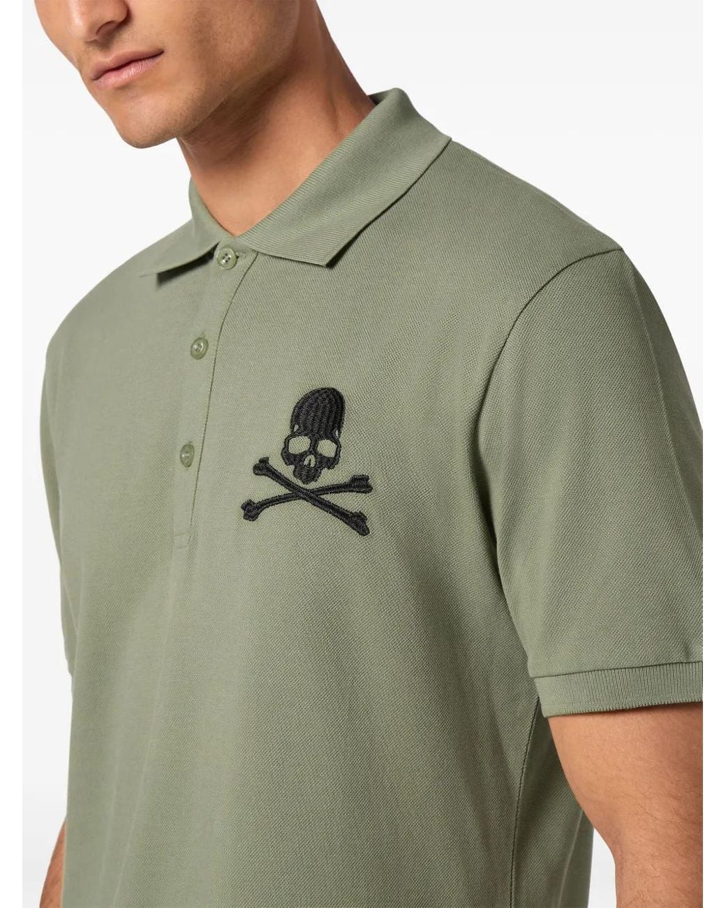 Philipp Plein Green Skull & Bones Embroidered Cotton Polo Shirt for men