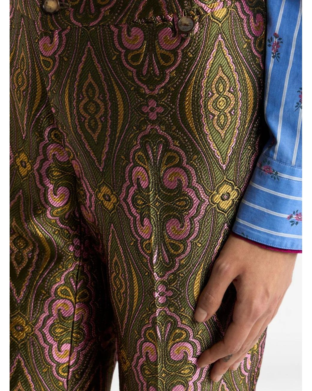 Etro Natural Jacquard Trousers With Floral Medallion Motif