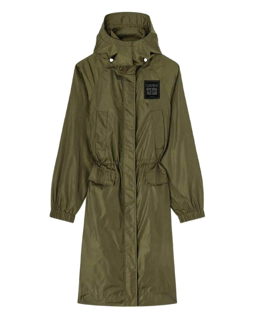 Ganni Green Army Long Parka With Hood